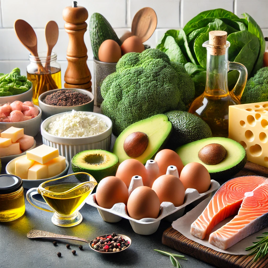 DALL·E 2024-10-28 07.11.42 - A variety of keto-friendly foods, such as avocados, eggs, cheese, salmon, olive oil, and leafy green vegetables, displayed on a clean kitchen counter